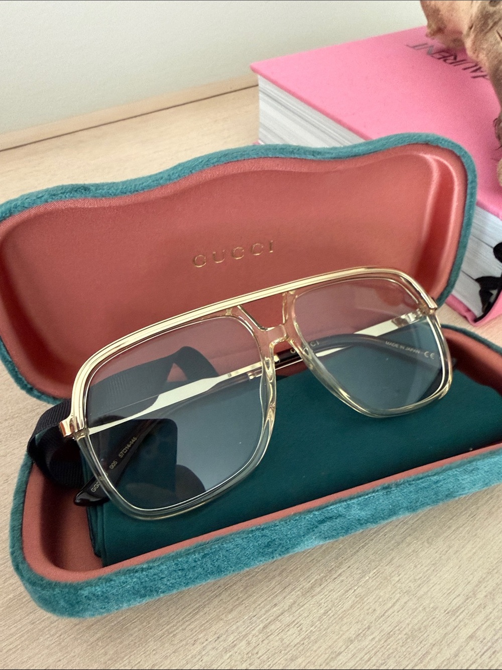 Gucci Clear Gold-Trim Aviator Sunglasses with Gradient Gray Lenses